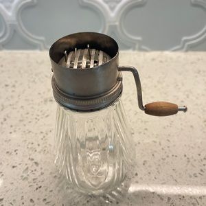 Vintage Nut Mill with Crank Handle and Swirled Ribbed Glass Container